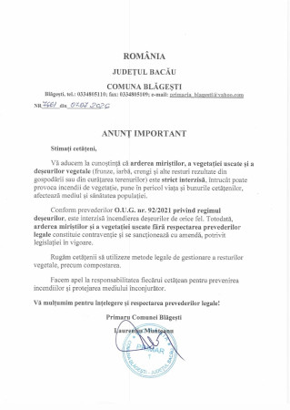 ANUNȚ  IMPORTANT INTERZICEREA ARDERII  MIRIȘTILOR